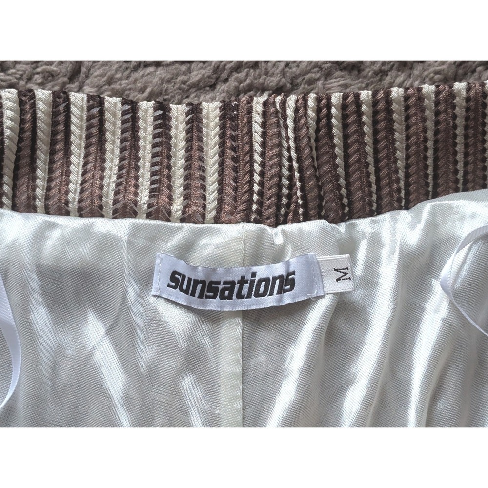 Sunsetions Brown Cream Striped Wide Leg Beach Pants M Boho Tie Waist - Picture 3 of 7